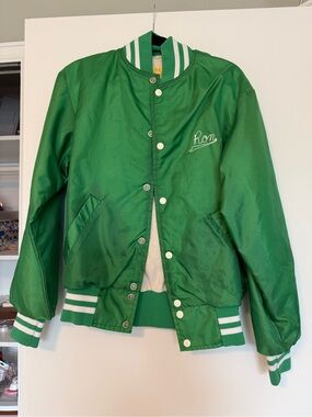 Green vintage Satin Bomber Jacket with Striped Trim